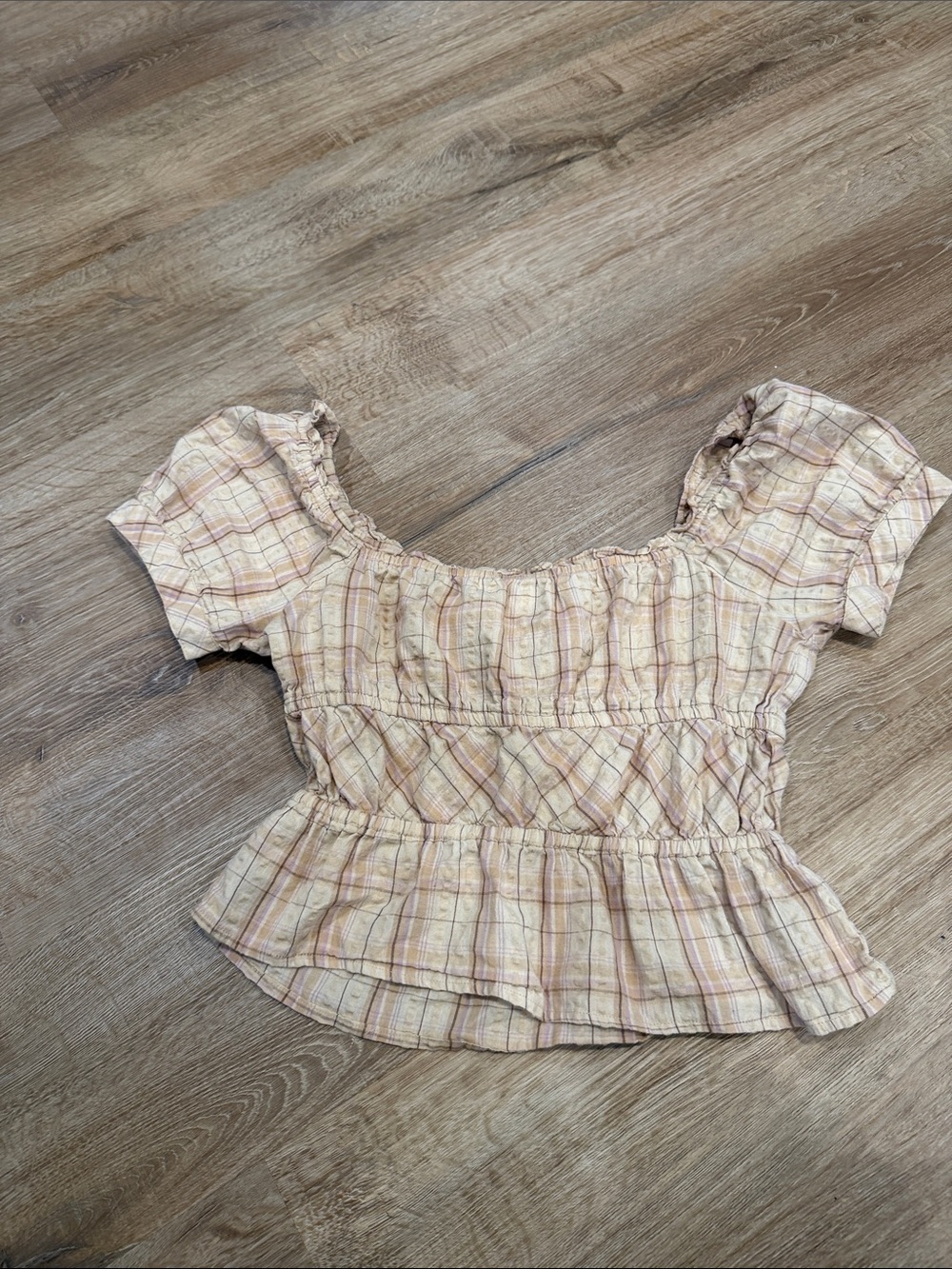 T.J.Maxx Pink and Cream Smocked Plaid Peplum Crop Top